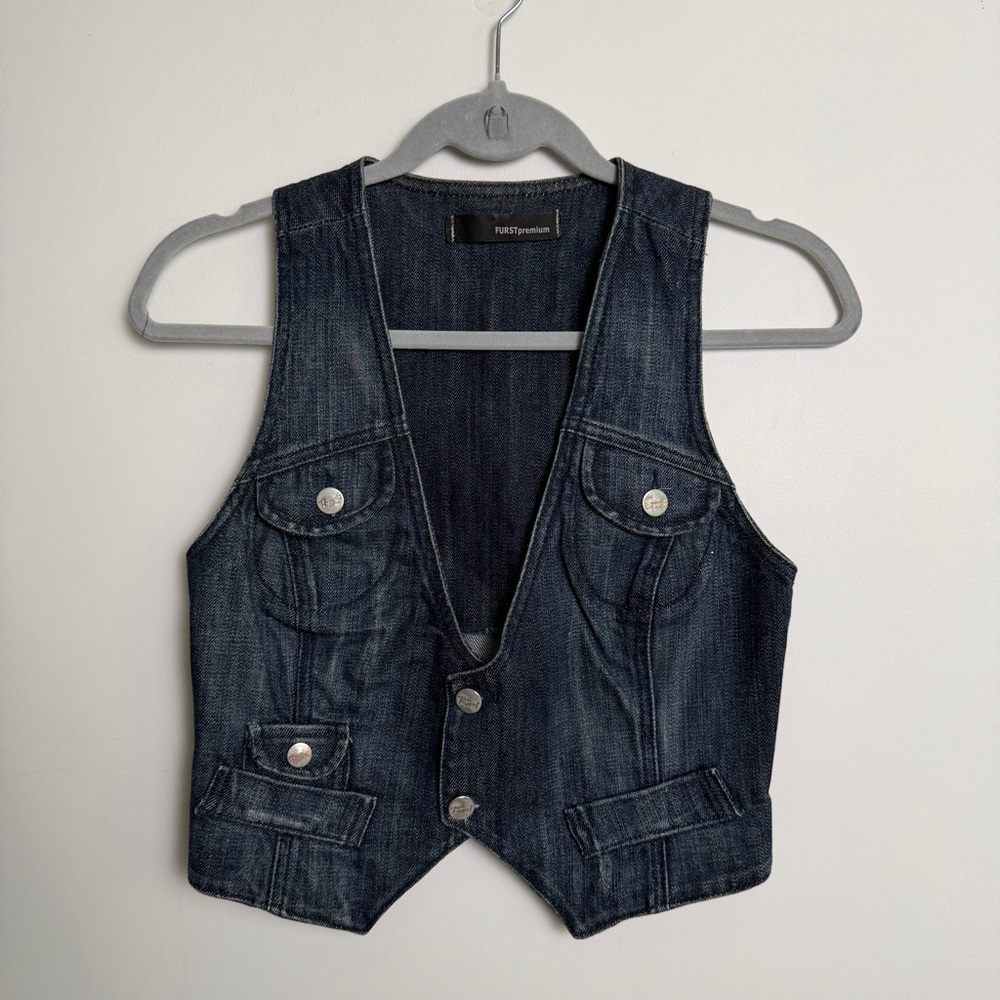 Vintage Y2K Furst Premium Denim Vest Button Front Size 4 Utility Cargo Style - Picture 1 of 11